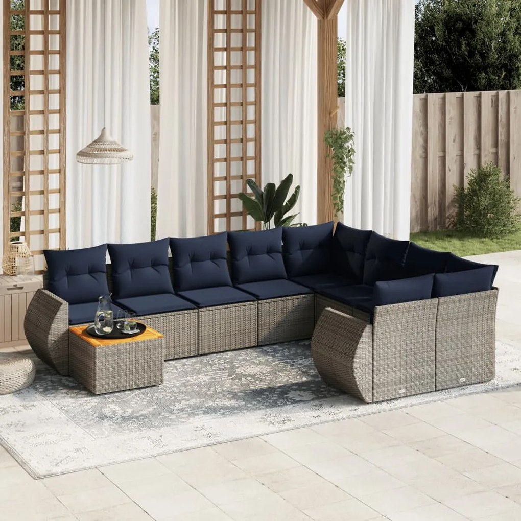 vidaXL 10 pcs conjunto sofás p/ jardim c/ almofadões vime PE cinzento