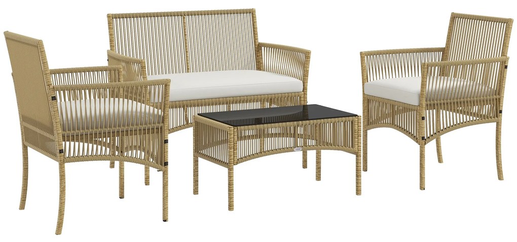 Conjunto de Móveis de Jardim em Vime PE – 4 Peças – Aço e Vidro – Bege