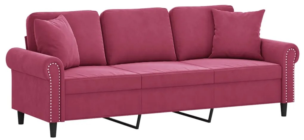 Sofá 3 lug. + almofadas decorativas 180cm veludo vermelho tinto