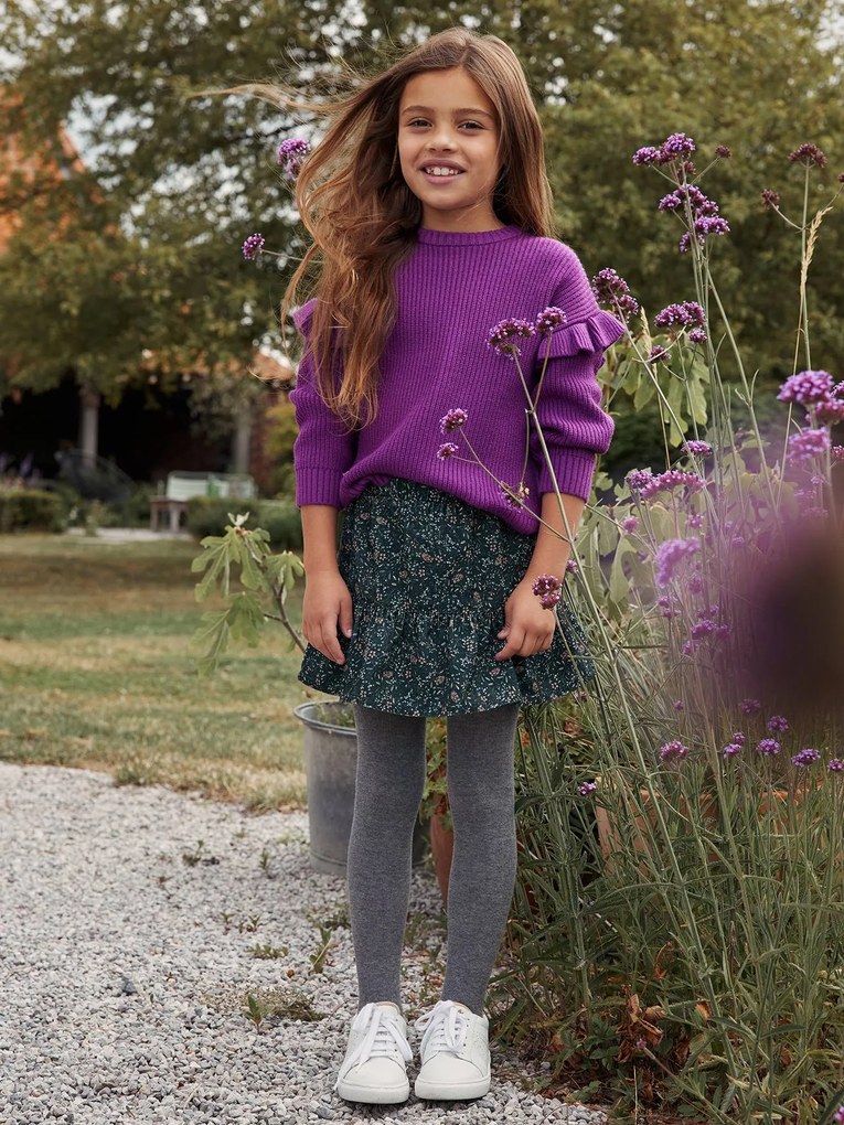 Agora -15%: Saia de bombazina estampada às flores,  com folho, para menina verde