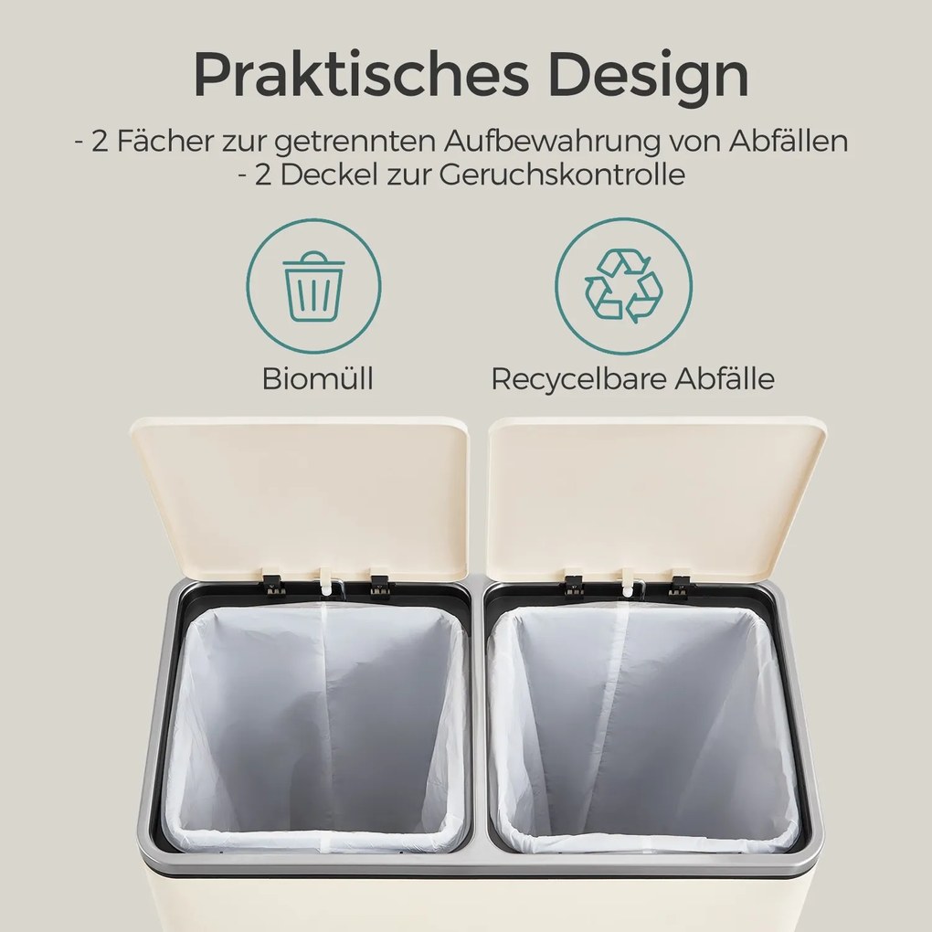 Caixote do lixo com 2 compartimentos de 60 L, 59 x 36,5 x 65,2 cm branco creme