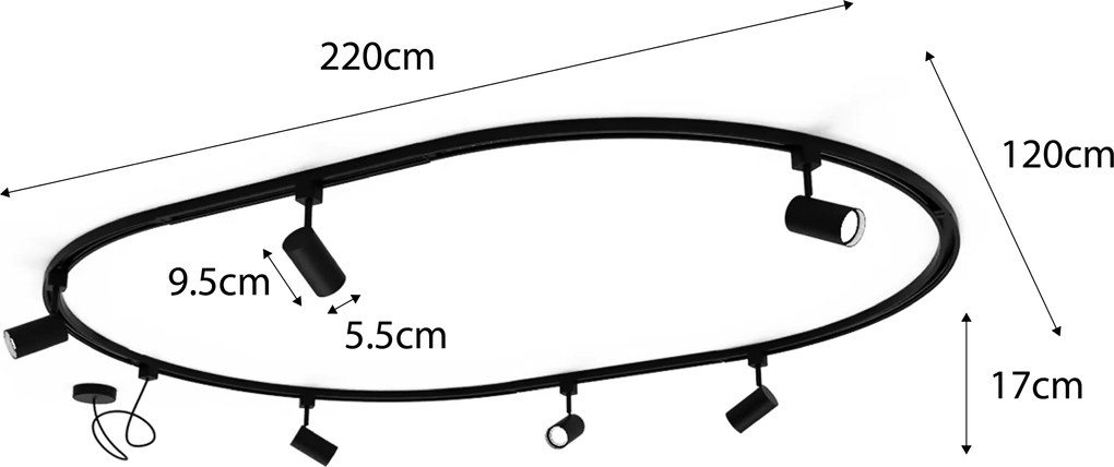 Sistema de iluminação de trilho moderno com 8 focos pretos, monofásico, oval, 200cm - Iconic Jeana