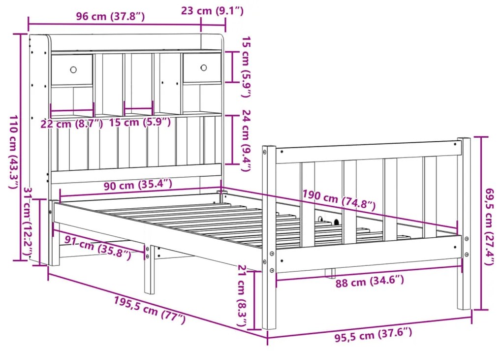 Cama com estante sem colchão 90x190 cm pinho maciço