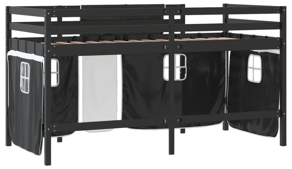 Cama alta criança c/ cortina 90x200cm pinho maciço branco/preto
