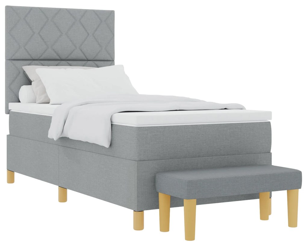 Cama Box Spring com Colchão &amp; Banco Cinza-claro 90x190 cm Tecido