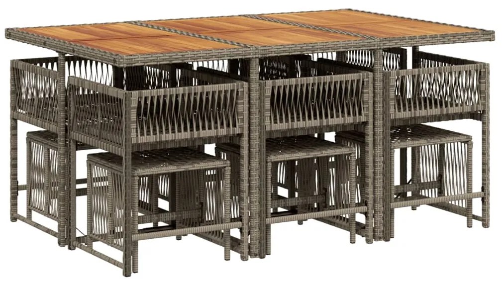 11 pcs conjunto jantar p/ jardim c/ almofadões vime PE cinzento