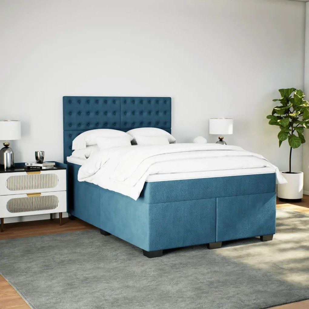 Cama boxspring com colchão 140x190 cm veludo azul