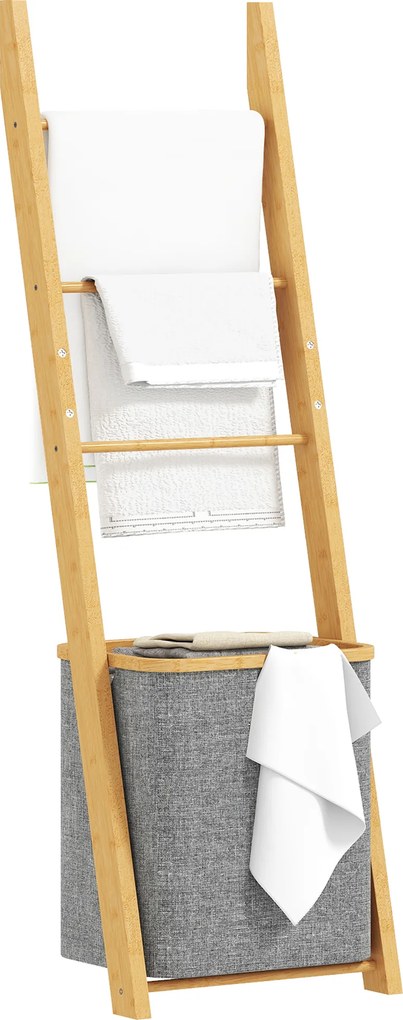 Estante para Casa de Banho de Bambu com 3 Barras e Cesto para Roupa Suja Removível de 48 L 43x35x133 cm Cinzento