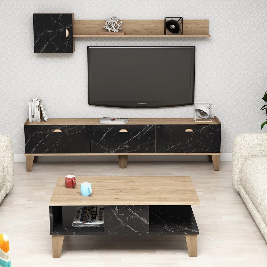 Conjunto de Mobiliário de Sala de Estar Sumer – Carvalho e Mármore – T