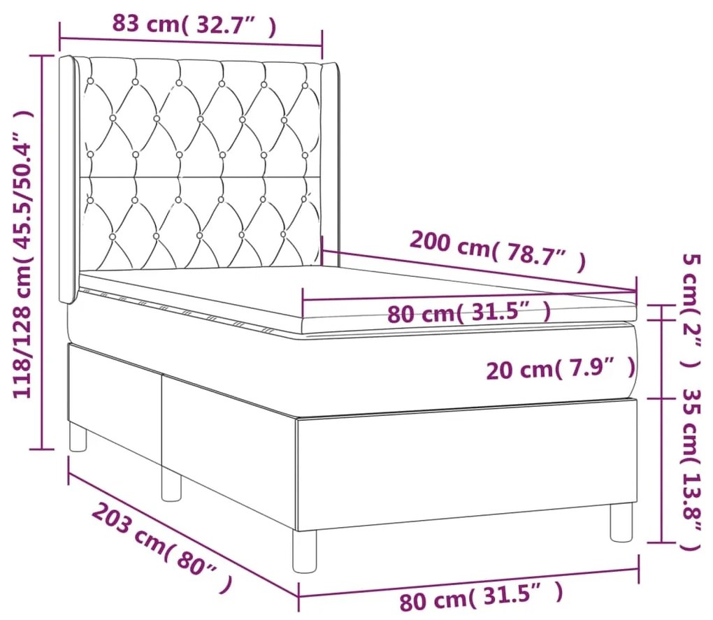 Cama box spring + colchão/LED 80x200cm tecido cinza-acastanhado