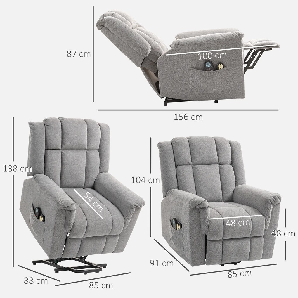 Poltrona elevatória elétrica com função de massagem e aquecimento em tecido chenille, poltrona de relaxamento elétrica com encosto reclinável, cinzent