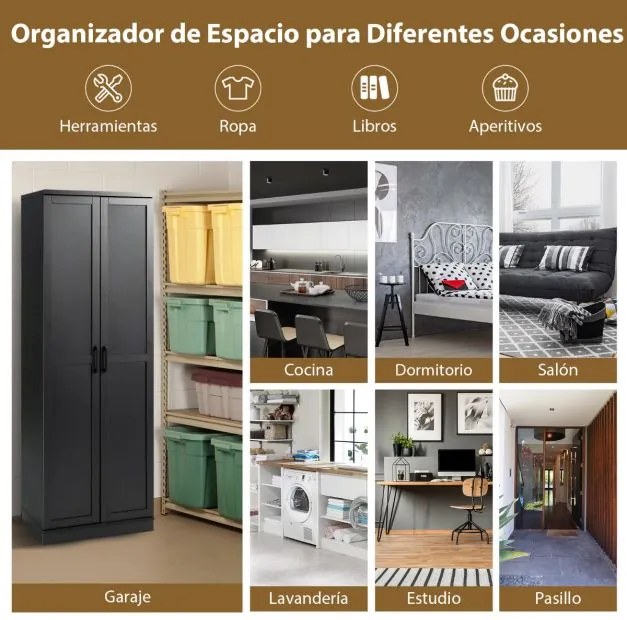 Armario armazenamento multifuncional com 2 portas e 5 estantes ajustáveis 59 x 43,5 x 178 cm Preto