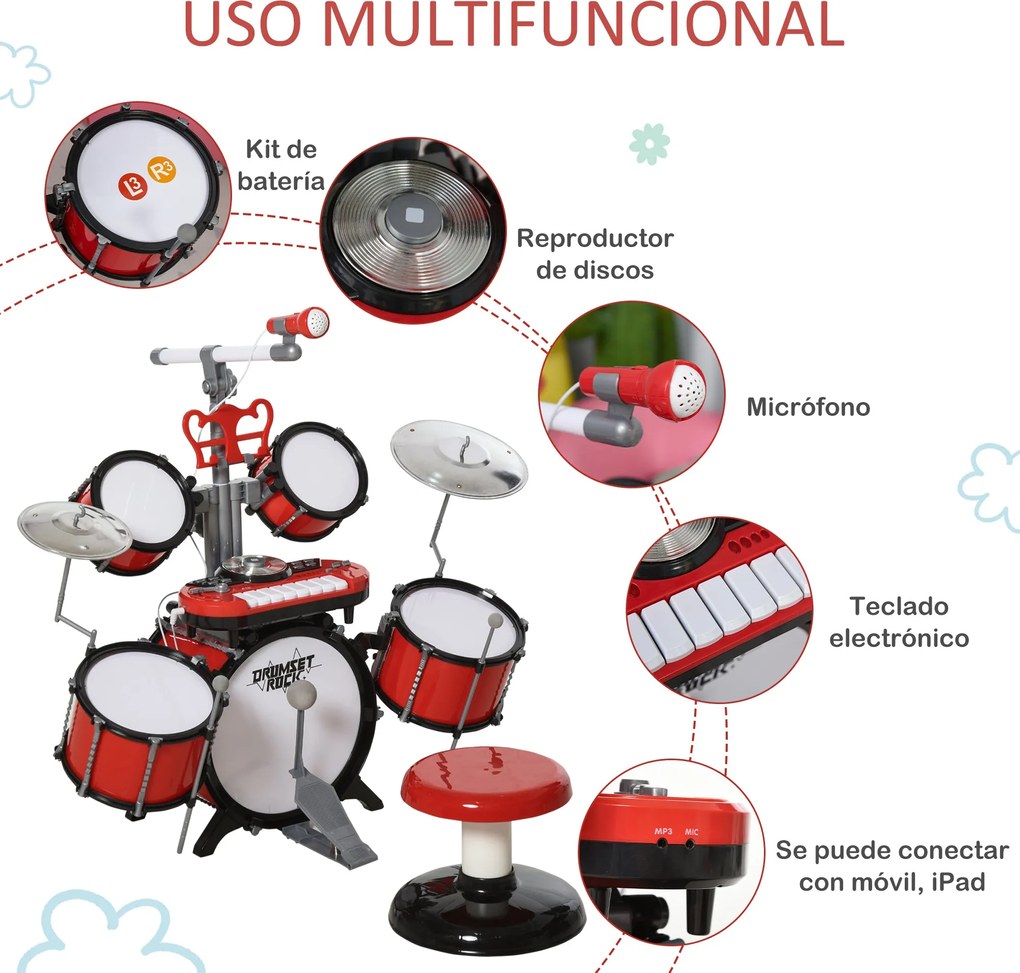 Kit de Bateria Infantil com Teclado, Microfone e Efeitos de DJ – 77,5x