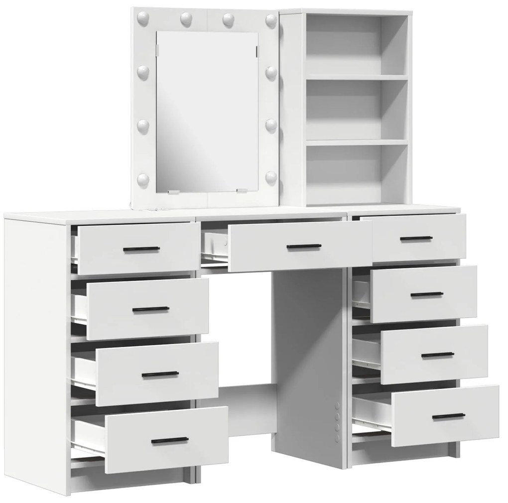 Conjunto de Mesa de Maquiagem de 3 Peças com LED em Madeira de Engenha