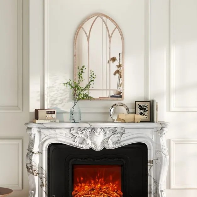 Espelho Painel 83x48cm Janela Estilo Fazenda Arqueado Parede Moldura Metálica Anti-explosão Cinza rústico