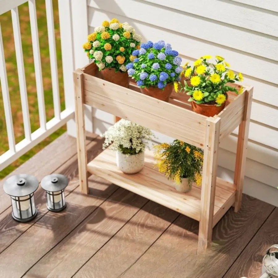 Floreira de jardim elevada em madeira 81 x 38 x 77 cm com pés com prateleira de arrumação Drenagem Jardinagem interior e exterior Madeira