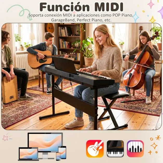 Teclado eletrónico de 61 teclas 90,5 x 23 x 5,5 cm para principiantes com suporte e banco ajustáveis 128 ritmos e tons 80 demos Preto