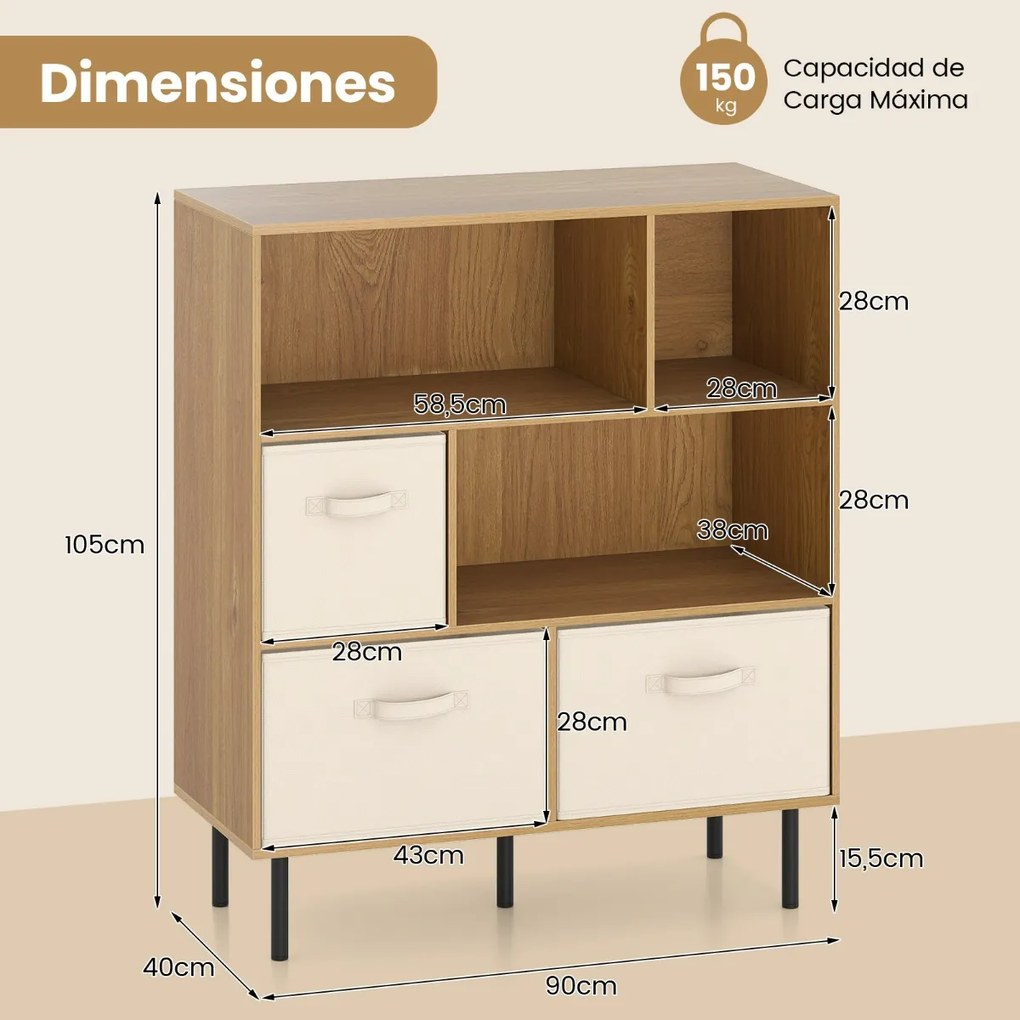 Estante com 6 cubos 90 x 40 x 105 cm e com 3 gavetas de tecido dobráveis e removíveis moderno Natural