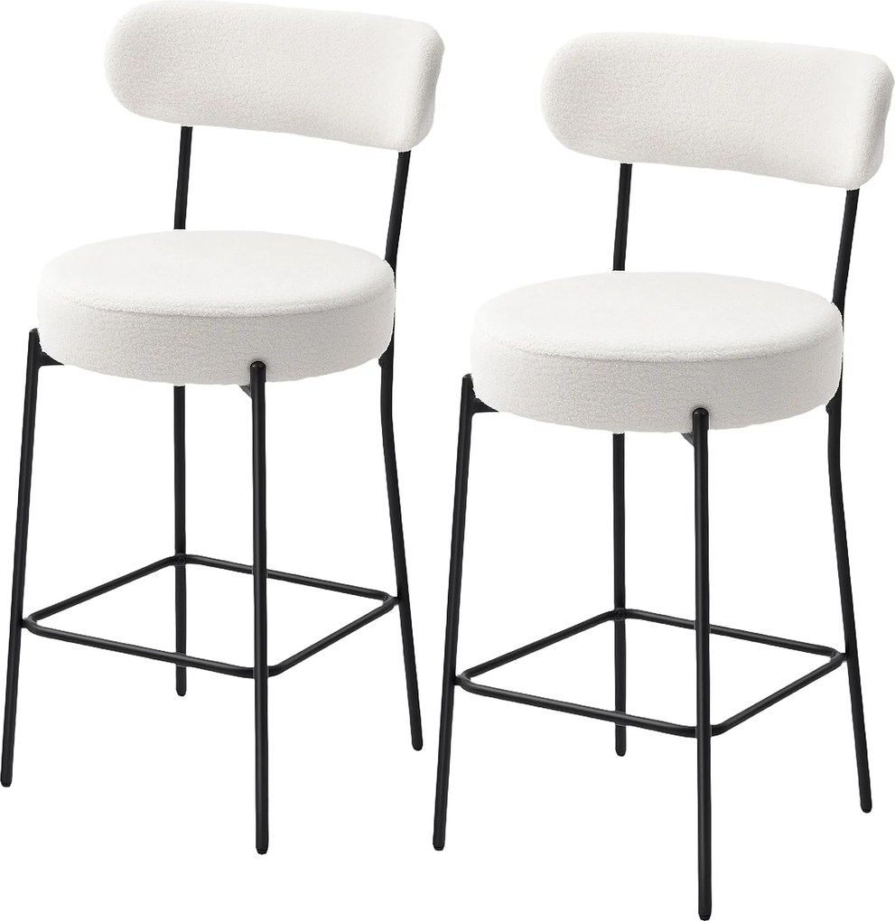 Conjunto de 2 bancos de bar em tecido felpudo, bancos de bar com encosto curvo e apoio para os pés, 49 x 52 x 95 cm, creme