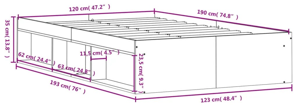 Estrutura de cama de casal pequena 120x190 cm cinzento sonoma