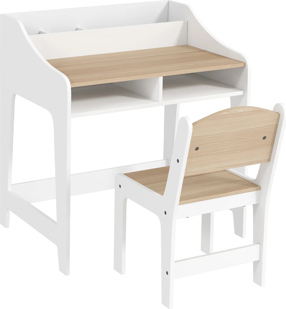 Aiyaplay Conjunto de Mesa e Cadeira para Crianças de 3-8 Anos com Compartimentos e Prateleiras Abertas Efeito Madeira Natural | Aosom Portugal