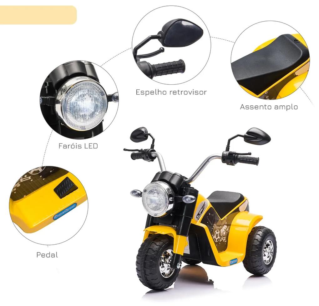 Motocicleta Elétrica Infantil com 3 Rodas Triciclo a Bateria 6V para Crianças de 18-36 Meses com Farol Buzina 72x57x56cm Amarelo