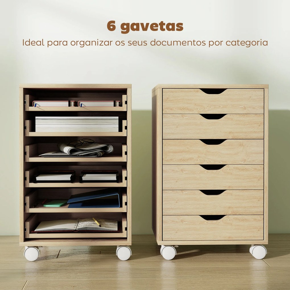 Bloco de Gavetas Móvel Arquivador com 6 Gavetas Suporte para Impressora com Rodas 40x35x63 cm Madeira
