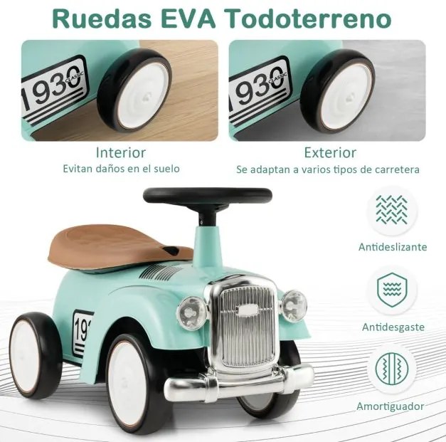 Andarilho de brincar carro retro para crianças, sem pedais, com arrumação e rodas em EVA Verde