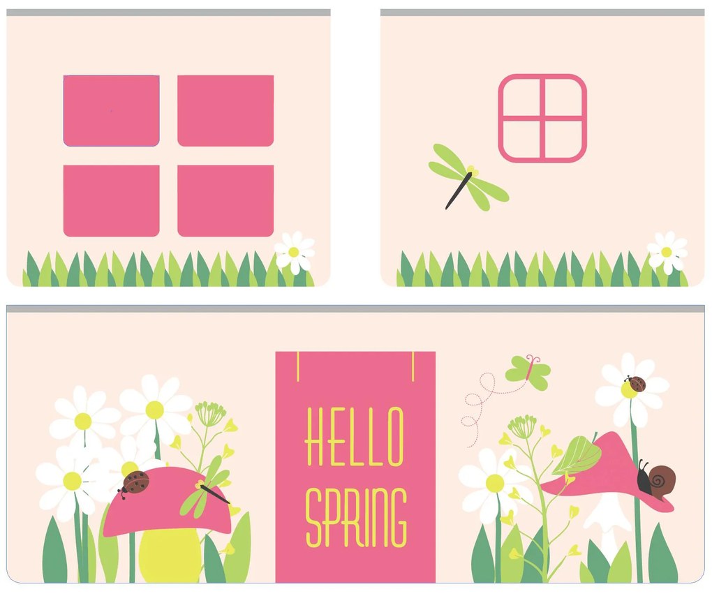 Conjunto Cama alta de Criança PINO 90 x 200 cm + estrado + escada + escorrega + cortina + 3 bolsas + túnel Primavera branca