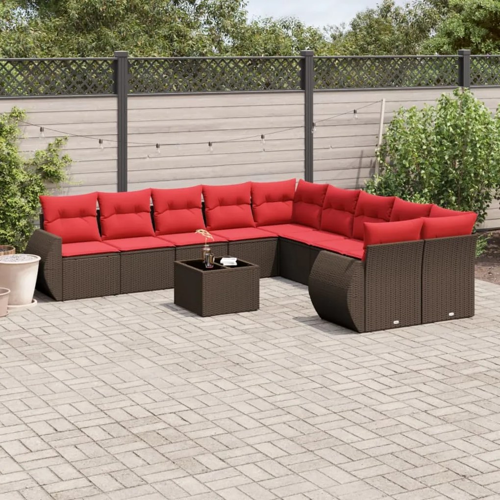 vidaXL 11 pcs conjunto sofás de jardim c/ almofadões vime PE castanho