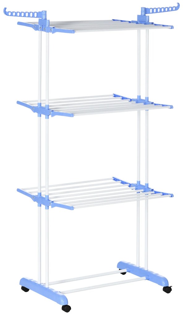 HOMCOM Estendal Dobrável para Roupa com Rodas Estendal Vertical de Aço com 3 Níveis Laterais Dobráveis 73x64x177cm Azul e Branco