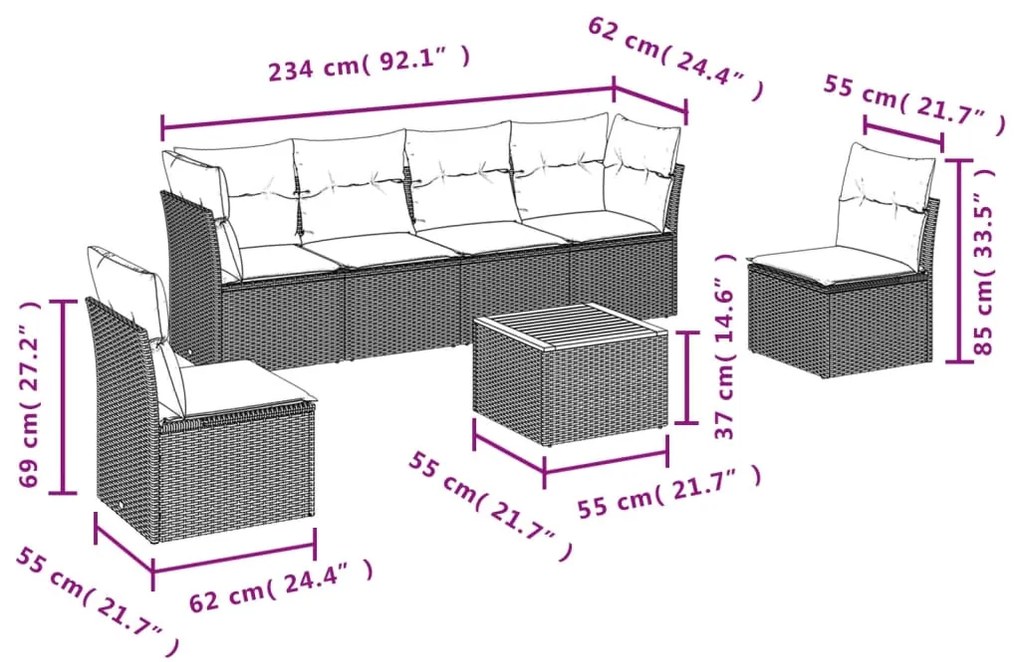 7 pcs conjunto de sofás p/ jardim com almofadões vime PE bege