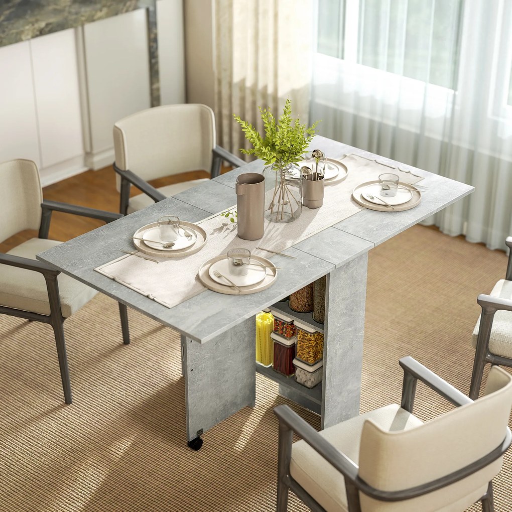 Mesa de Sala de Jantar Dobrável com 2 Prateleiras de Armazenamento (CADEIRAS NÃO INCLUIDAS) e Rodas para Cozinha 75x140x74 cm Cinza