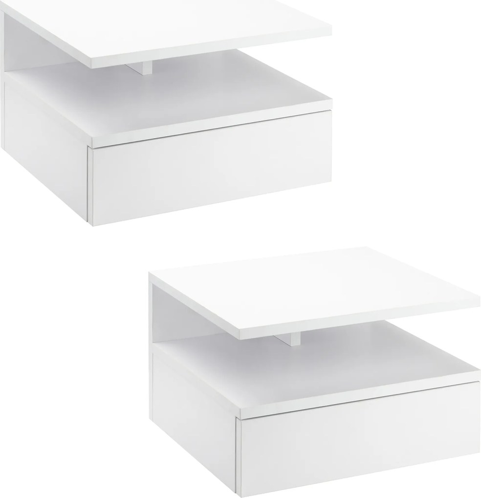 HOMCOM Conjunto de 2 Mesas de Cabeceira Flutuante com 1 Gaveta e Prateleira Aberta Montado na Parede 35x32x22,5cm Branco | Aosom Portugal