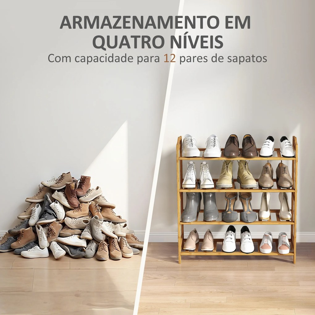 Sapateira de 4 Níveis Estante para Sapatos em Bambu para 12 Pares de Sapatos 67,5x24,7x72 cm Madeira