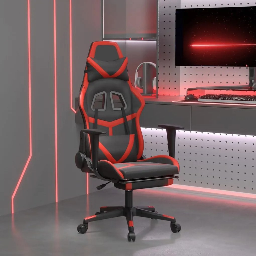 Cadeira gaming c/ apoio pés couro artificial preto e vermelho