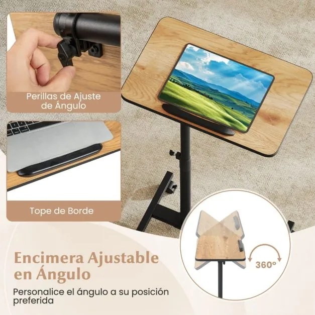 Mesa Auxiliar em Forma de C de Altura Ajustável com Tampo Inclinável Para Computador Giratória 360° para Espaços Pequenos Castanho