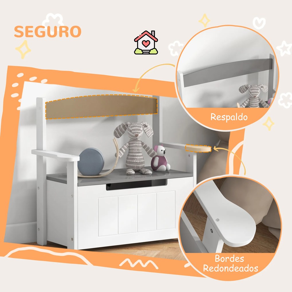 Baú de Brinquedos Infantil Banco de Armazenamento para Crianças com Encosto e Tampa Amortecida 68,5x34x58 cm Cinza e Branco