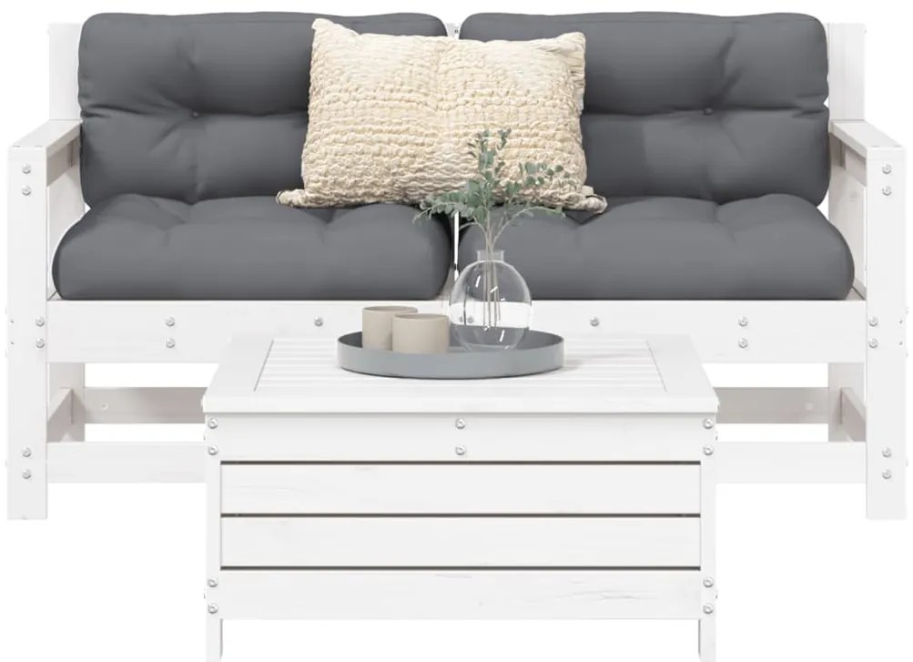 3 pcs conjunto sofás de jardim madeira de pinho maciça branco