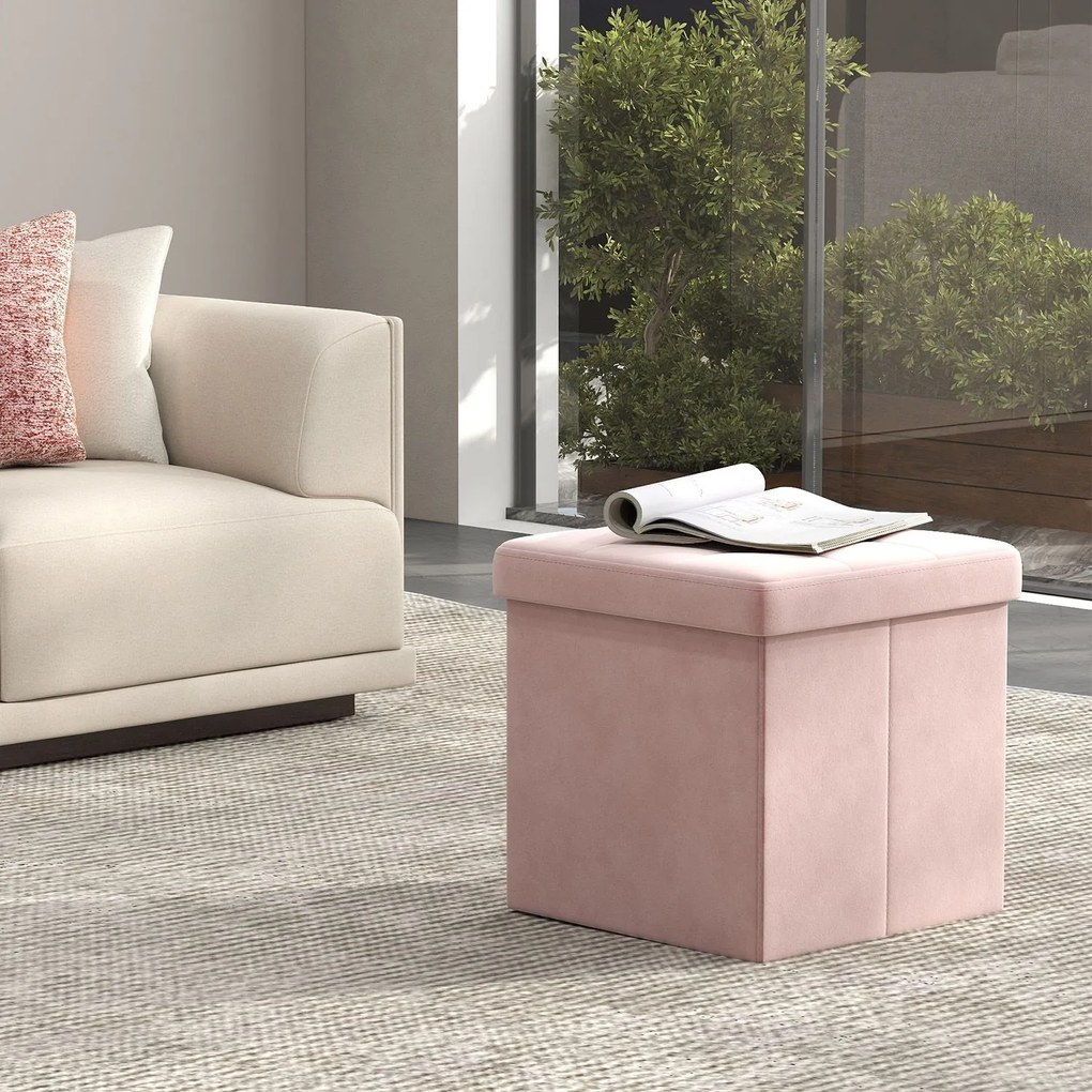 Banco com espaço de arrumação em veludo 38 x 38 x 38 cm rosa