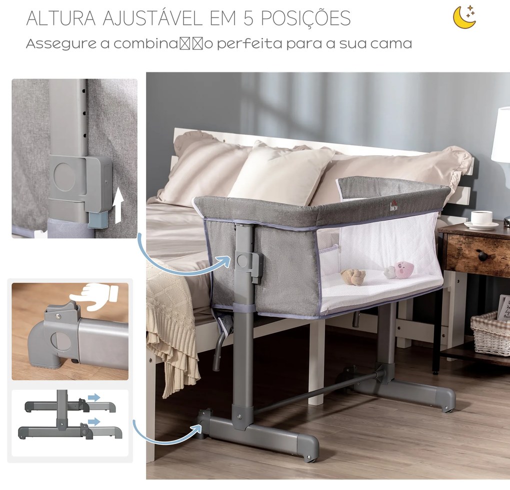 HOMCOM Berço de Bebé 2 em 1 Berço de Viagem Dobrável com Altura e Pés Ajustável em 5 Níveis Bolsa de Transporte até 9kg 86x50x83cm Cinza