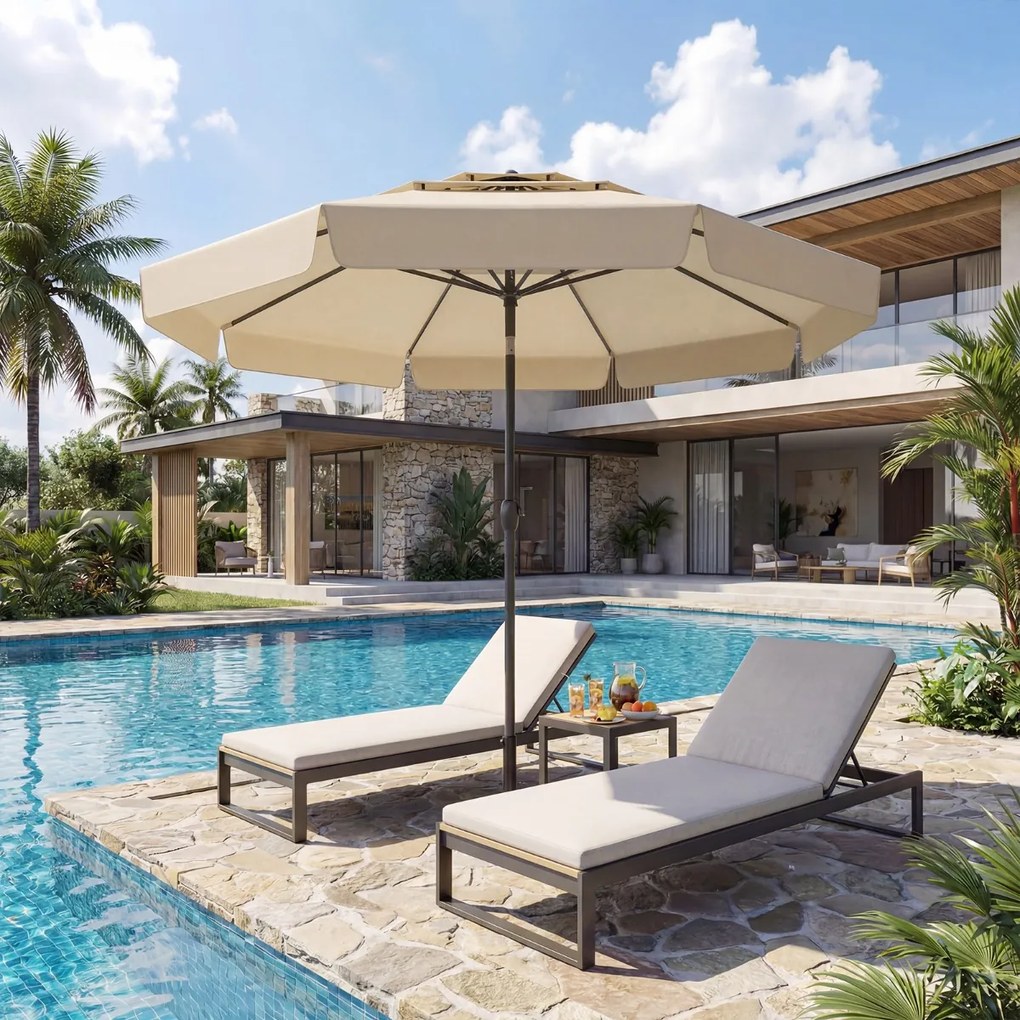 Guarda-sol de 300 cm com teto ventilado (BASE NÃO INCLUIDA), 3 níveis de folhas, inclinação ajustável por manivela e 8 varas – para jardim, piscina e