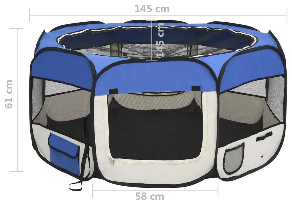 Parque dobrável p/ cão c/ saco de transporte 145x145x61cm azul