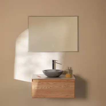 Conjunto De Móvel De Casa De Banho Suspenso Em Madeira De Freixo Tedrik Castanho Fresno & Cimento Cinzento Redondo Ø40 Cm Tarsis & Led - Sklum