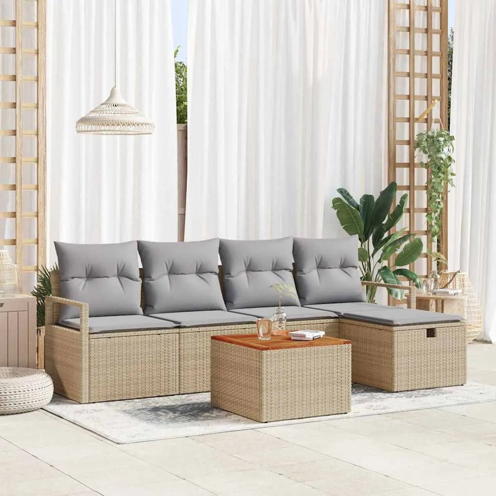 Conjunto de Sofá de Jardim vidaXL de 6 Peças com Almofadas Bege Rattan