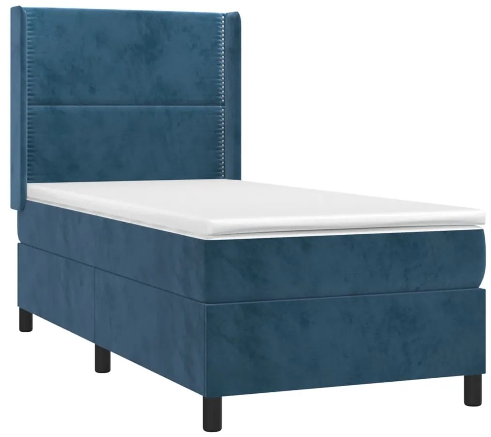 Cama box spring c/ colchão/LED 90x190 cm veludo azul-escuro