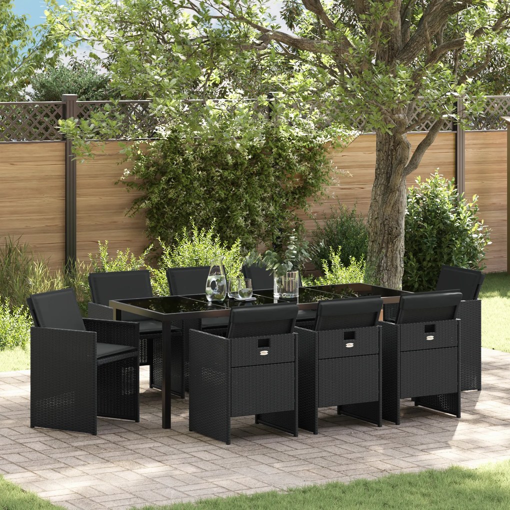 vidaXL Conjunto de Jantar para Jardim de 9 Peças com Almofadas - Rattan Poliéster Preto