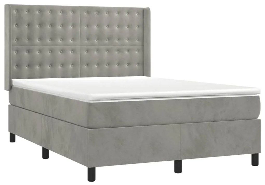 Cama box spring c/ colchão/LED 140x200 cm veludo cinzento-claro