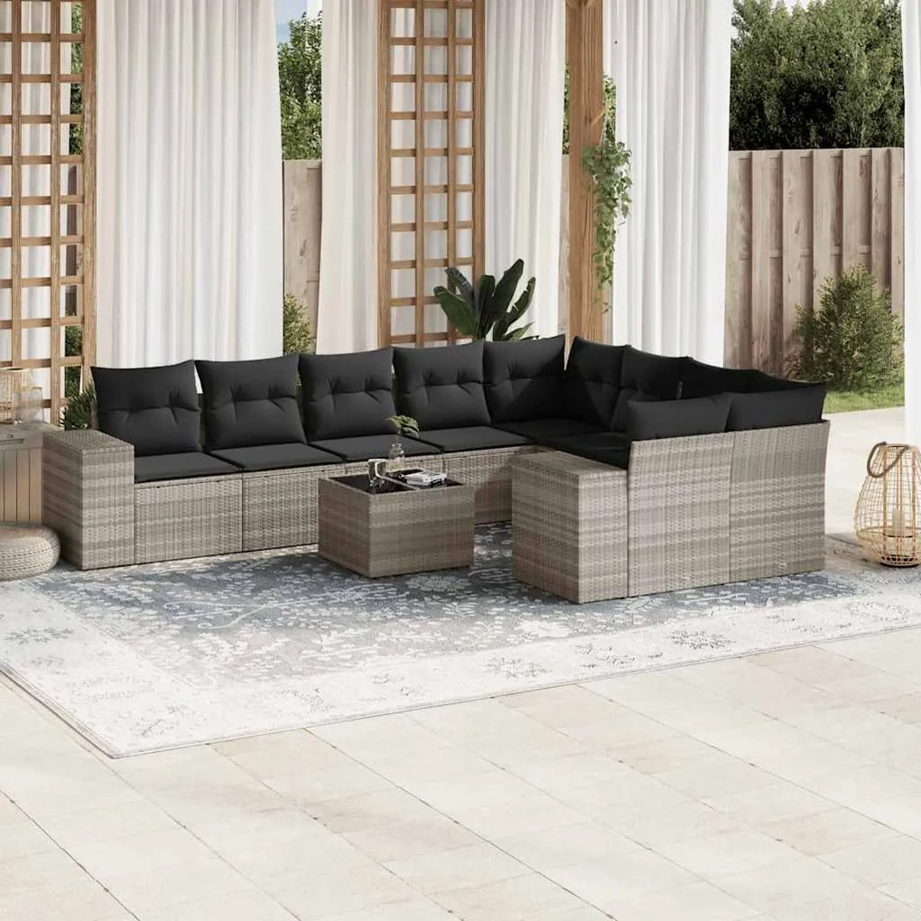 vidaXL 10 pcs conj. sofás jardim com almofadões vime PE cinzento-claro