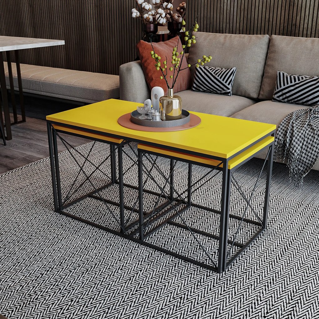 Conjunto de Mesas de Centro Defne – Amarelo e Preto – Medidas: 100x52x